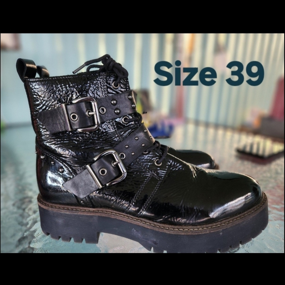 Pajar Black Patent Combat Boots with Buckle Straps